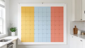 Calendrier mural familial réaliste avec une grille mensuelle vierge organisée en trois colonnes colorées jaune, bleue et corail, dans une cuisine lumineuse.