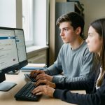 Deux étudiants consultent attentivement un ordinateur dans une salle d’étude sobre d’un campus universitaire français.