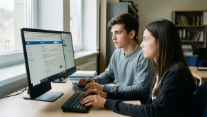 Deux étudiants consultent attentivement un ordinateur dans une salle d’étude sobre d’un campus universitaire français.