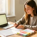 Une étudiante travaille à un bureau lumineux avec un ordinateur portable, des documents administratifs et un agenda visuel sans informations lisibles.