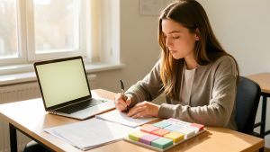Une étudiante travaille à un bureau lumineux avec un ordinateur portable, des documents administratifs et un agenda visuel sans informations lisibles.