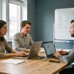 Atelier professionnel sobre où trois salariés entourent un ordinateur portable tandis qu’un formateur explique l’intelligence artificielle.