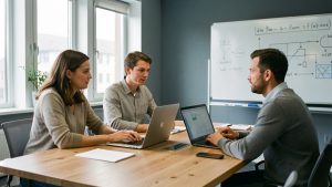 Atelier professionnel sobre où trois salariés entourent un ordinateur portable tandis qu’un formateur explique l’intelligence artificielle.