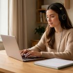 Jeune femme suivant un cours en ligne sur un ordinateur portable dans un espace de travail calme, avec un casque audio, un agenda et des cahiers sur le bureau, éclairée par la lumière naturelle.