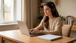 Jeune femme suivant un cours en ligne sur un ordinateur portable dans un espace de travail calme, avec un casque audio, un agenda et des cahiers sur le bureau, éclairée par la lumière naturelle.