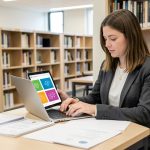 Jeune étudiante consultant un ordinateur à côté de documents administratifs et de diplôme vierges dans une bibliothèque universitaire lumineuse.