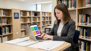 Jeune étudiante consultant un ordinateur à côté de documents administratifs et de diplôme vierges dans une bibliothèque universitaire lumineuse.