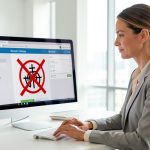 Une femme consulte son compte de formation sur un ordinateur dans un bureau professionnel, avec une alerte frauduleuse barrée de manière symbolique à l’écran.