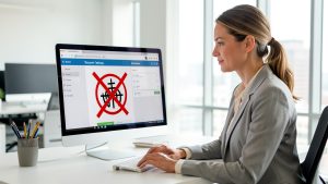 Une femme consulte son compte de formation sur un ordinateur dans un bureau professionnel, avec une alerte frauduleuse barrée de manière symbolique à l’écran.
