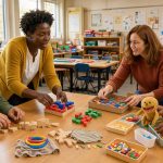 Équipe composée de deux femmes et deux hommes professionnels de la petite enfance réunis autour d’une table avec du matériel pédagogique dans une salle lumineuse.