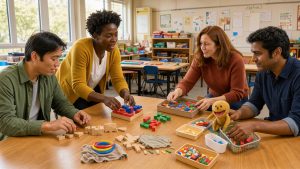 Équipe composée de deux femmes et deux hommes professionnels de la petite enfance réunis autour d’une table avec du matériel pédagogique dans une salle lumineuse.