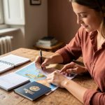 Jeune étudiante française préparant un dossier de mobilité internationale avec un passeport, des documents vierges et une carte non légendée de l’Europe sur une table.