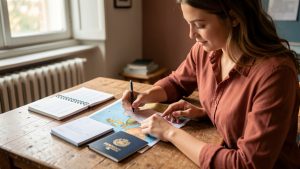 Jeune étudiante française préparant un dossier de mobilité internationale avec un passeport, des documents vierges et une carte non légendée de l’Europe sur une table.